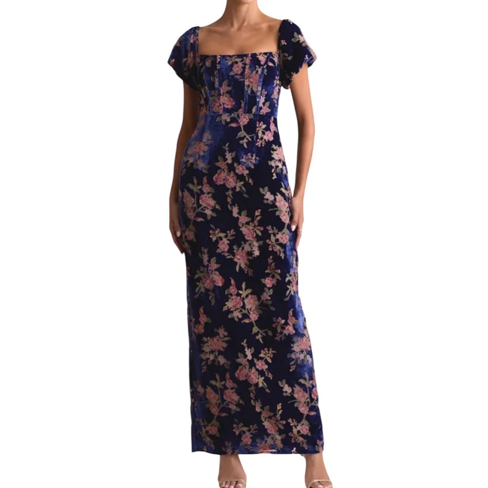 NWT Lulus Confidently Impressive Blue Velvet Floral Off-the-Shoulder MaxiDress L